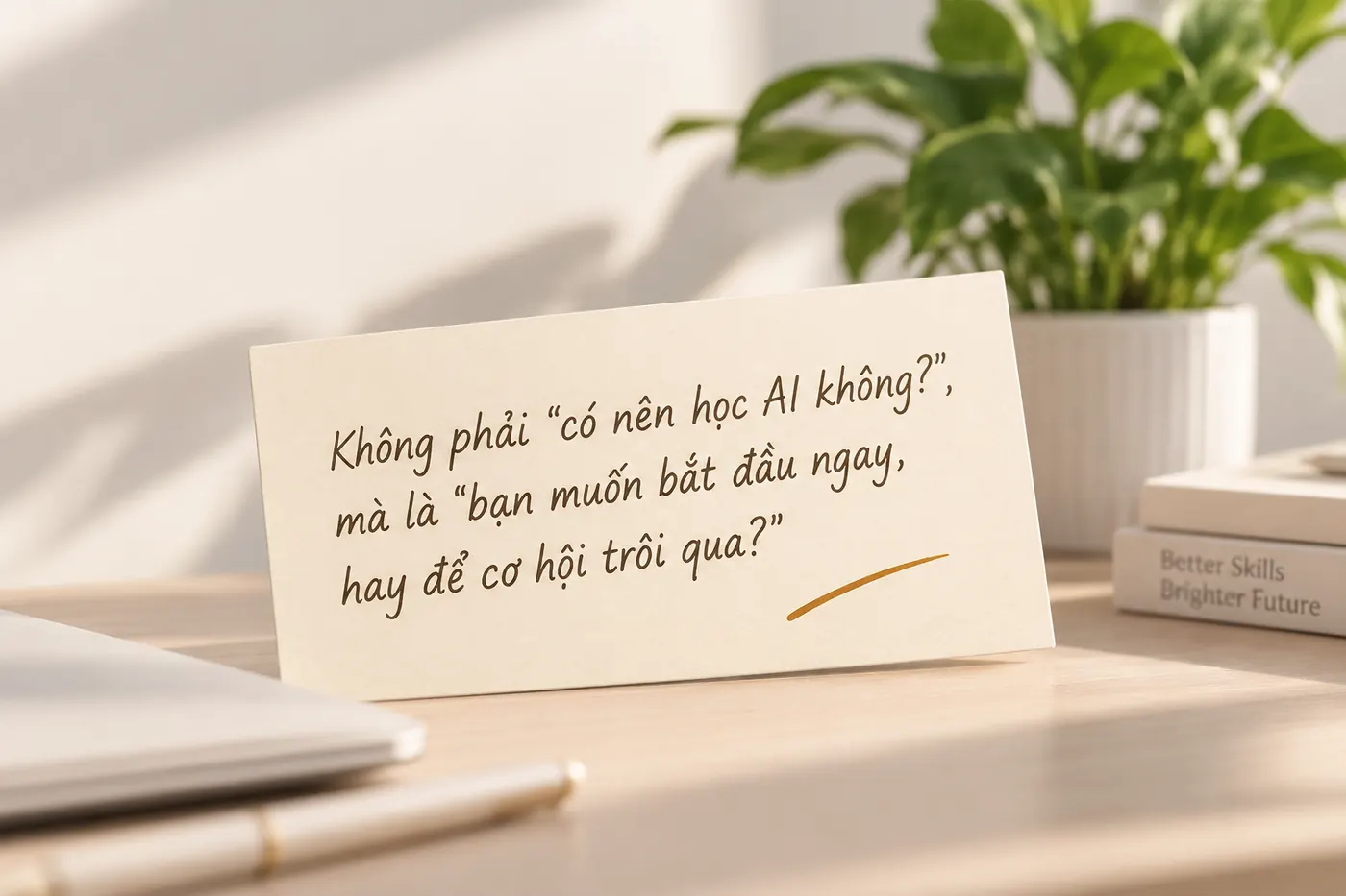 Tấm thiệp trên bàn làm việc: Không phải “có nên học AI không?”, mà là “bạn muốn bắt đầu ngay, hay để cơ hội trôi qua?”